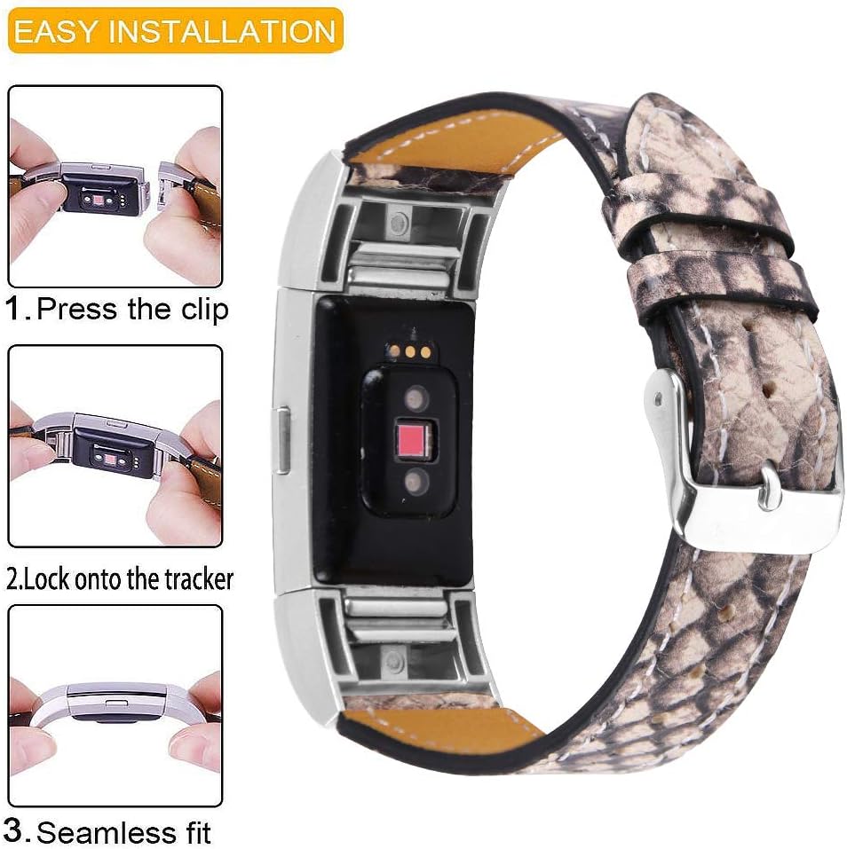 JOYOZY Leather Bands Compatible with Fitbit Charge 2/Charge HR 2 Smart watch,Slim Classic Snakeskin Genuine Leather Wristband Fitness Strap Women Men