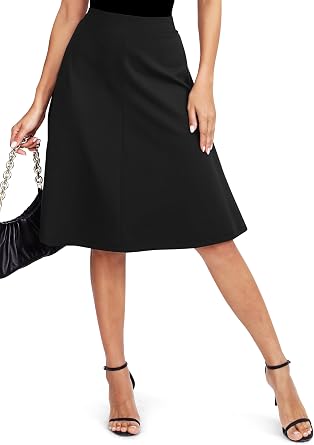 Womens Elastic High Waist A-Line Midi Skirt Stretchy Flared Office Knee Length Skirts for Work Business and Casual