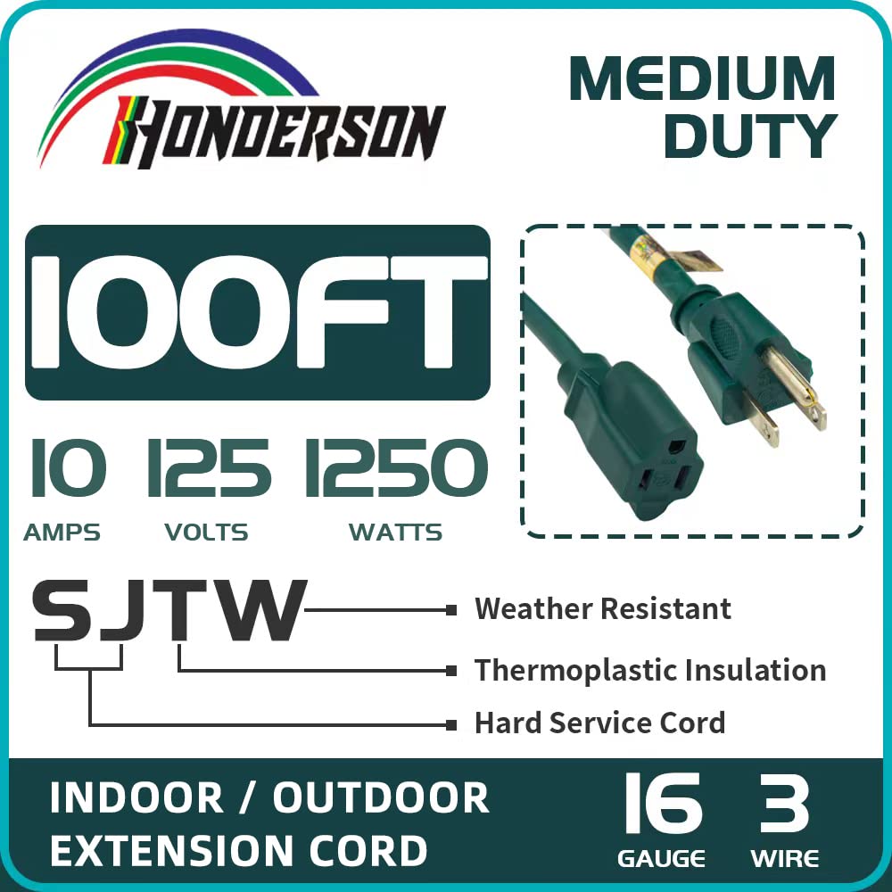 100 Ft Outdoor Extension Cord-Weatherproof 16/3 SJTW Durable Green Extension Cable with 3 Prong Grounded Plug for Safety- Great for Christmas Decoration and Landscaping Lights