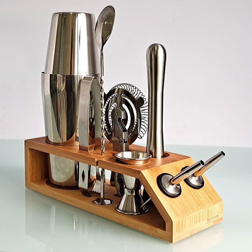 Cocktailshaker Cocktail Shaker 10-teiliger Sets Edelstahl Bambusrahmen Boston Shaker Barkeeder Kit for Martini Margarita Mix Professionelle Bar Tools Cocktail-Sets