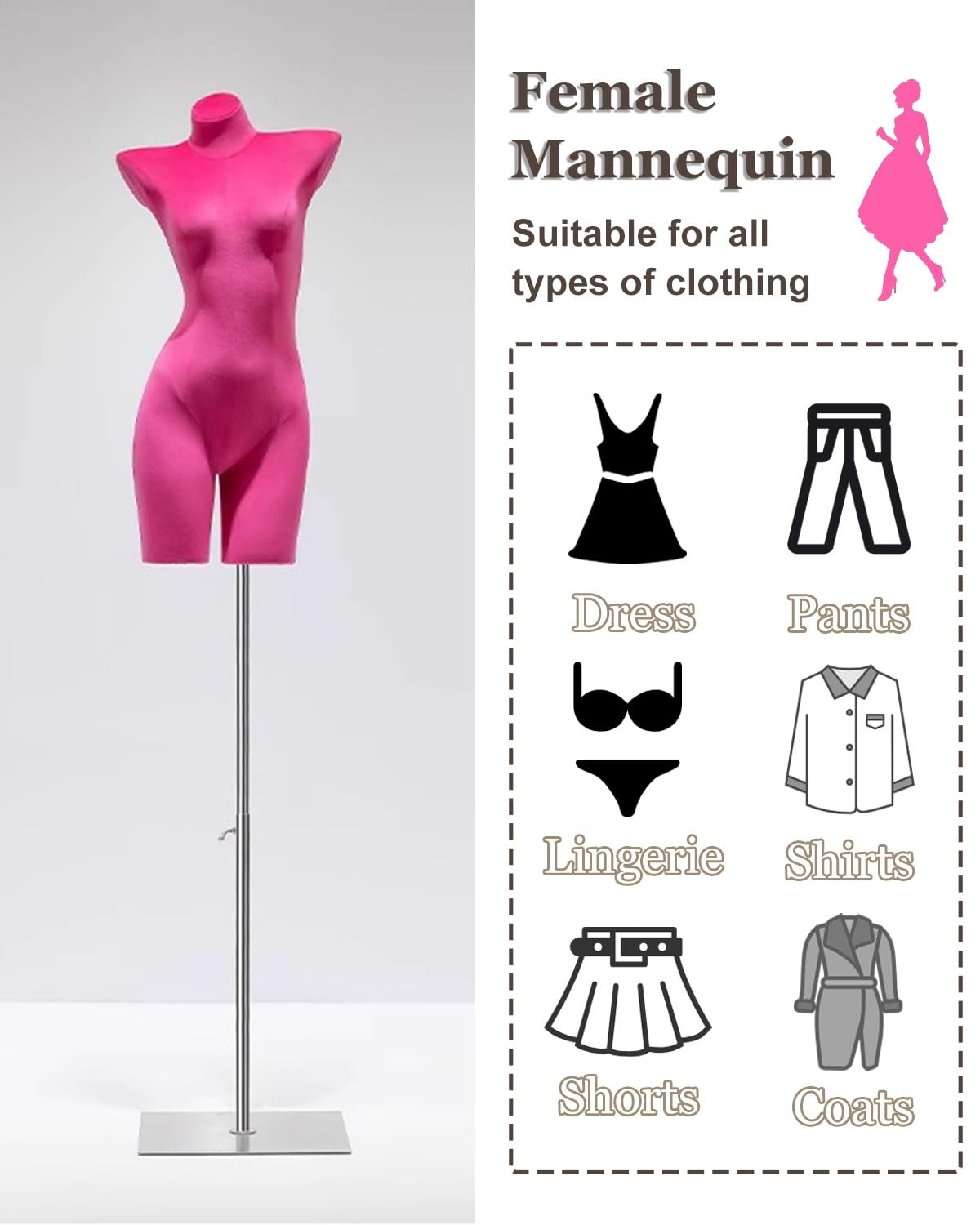 Maniquí de Terciopelo con Curvas para lencería y Trajes de baño. Torso Rosa para exhibición de Moda con Soporte para escaparates y fotografía de Productos. Ideal para Tiendas y escaparates d