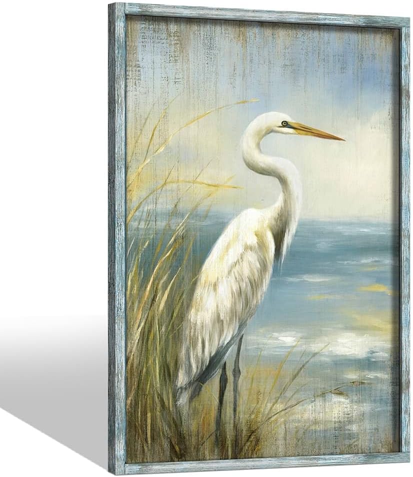 Heron Wooden Framed Wall Art: Coastal Beach Picture Sea Bird Painting Large Blue Seascape Artwork Ocean Seashore Prints for Bathroom Bedroom Living Room Coastal Heron 01 36"L x 24"W