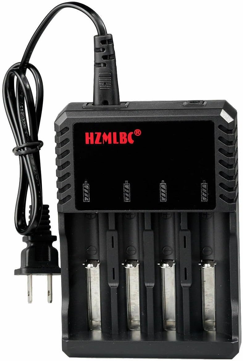 Top-down view of the Bestom 4-Slot Universal Lithium Battery Charger with the power cord connected.