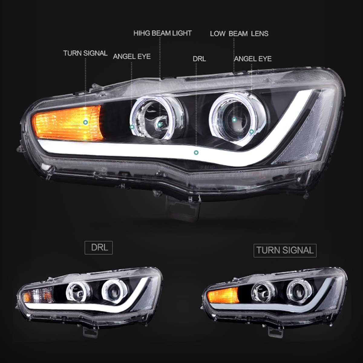 YUANZHENG LED Projector Headlights Assembly Compatible for [Mitsubishi Lancer EVO X 2008-2017] Front Lamp Assembly with Dual Beam Lens DRLs, Driver & Passenger Side, YAA-YS-0162B