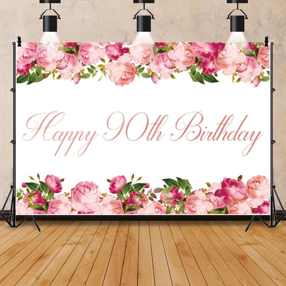 Canessioa Happy 90th Birthday Backdrop 90th Birthday Party Decorations for Women 8x6ft(240x180cm) Pink Floral for Grandma Photography Background