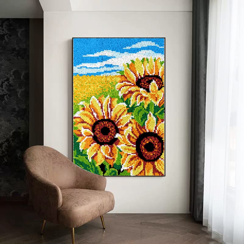Image of PakyKai Latch Hook Kits for Adults DIY Color Printed Crochet Yarn Rug Kits Wall Tapestry Crafts Home Decor (Sunflower 23.6 inch X 15.8 inch)