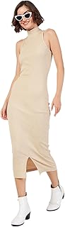 SASSAFRAS Women Beige Rib Turtle Neck Sleeveless Midi Dress -S