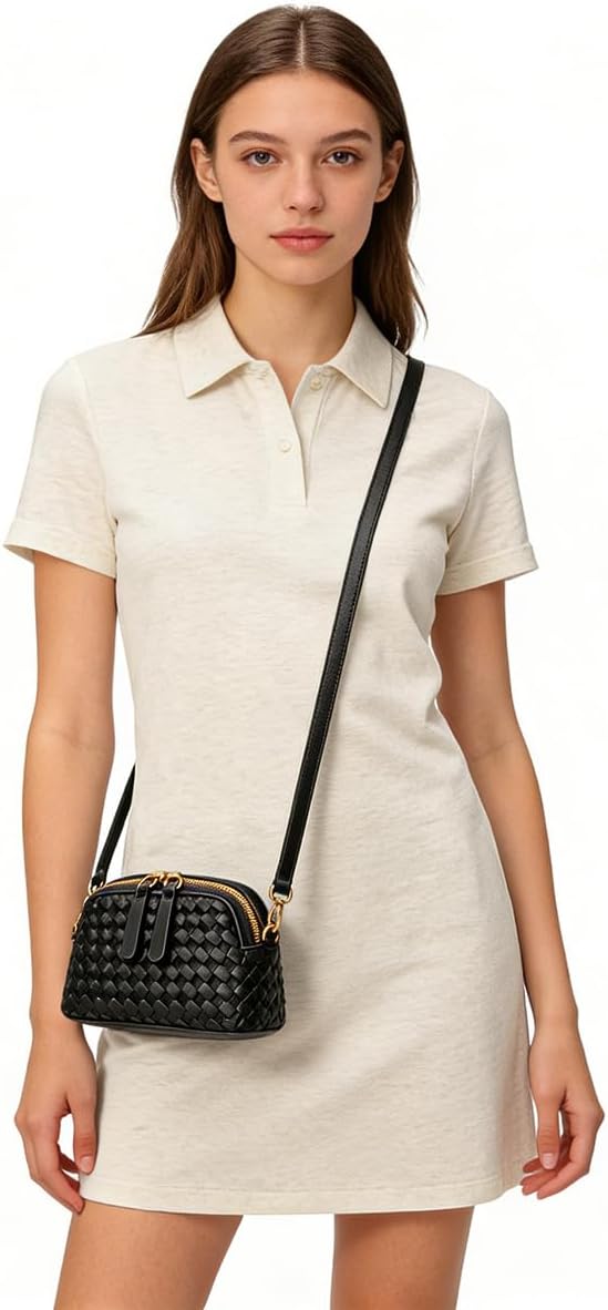 BaiYouDa Woven Crossbody Bags for Women PU Leather Small Shoulder Purse Travel Zipper Clutch Handbag with Adjustable Strap