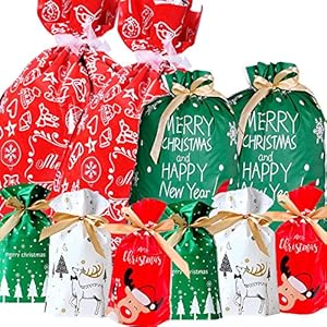 Funnlot Christmas Drawstring Gift Bags 32PCS in 7 Styles Christmas Wrapping Bags Xmas Treats Bags Christma s Party Favor Pouch Goody Sweet Treat Candy Bags with Ribbon Ties