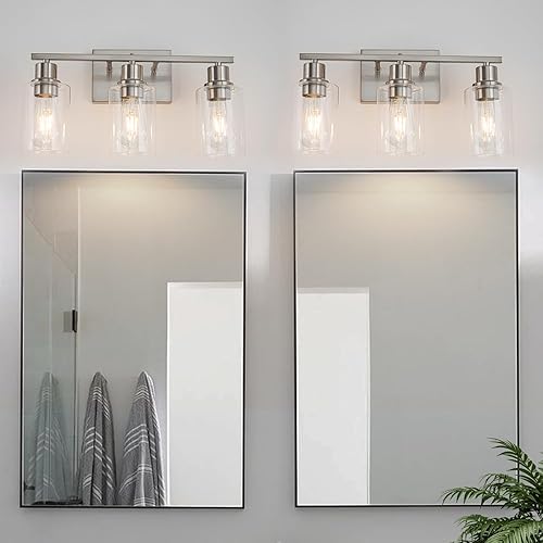 Miniatura 5 de Lámparas de tocador de baño, 3 luces de baño de níquel cepillado, apliques de pared con pantalla de vidrio transparente para pasillo, granja,