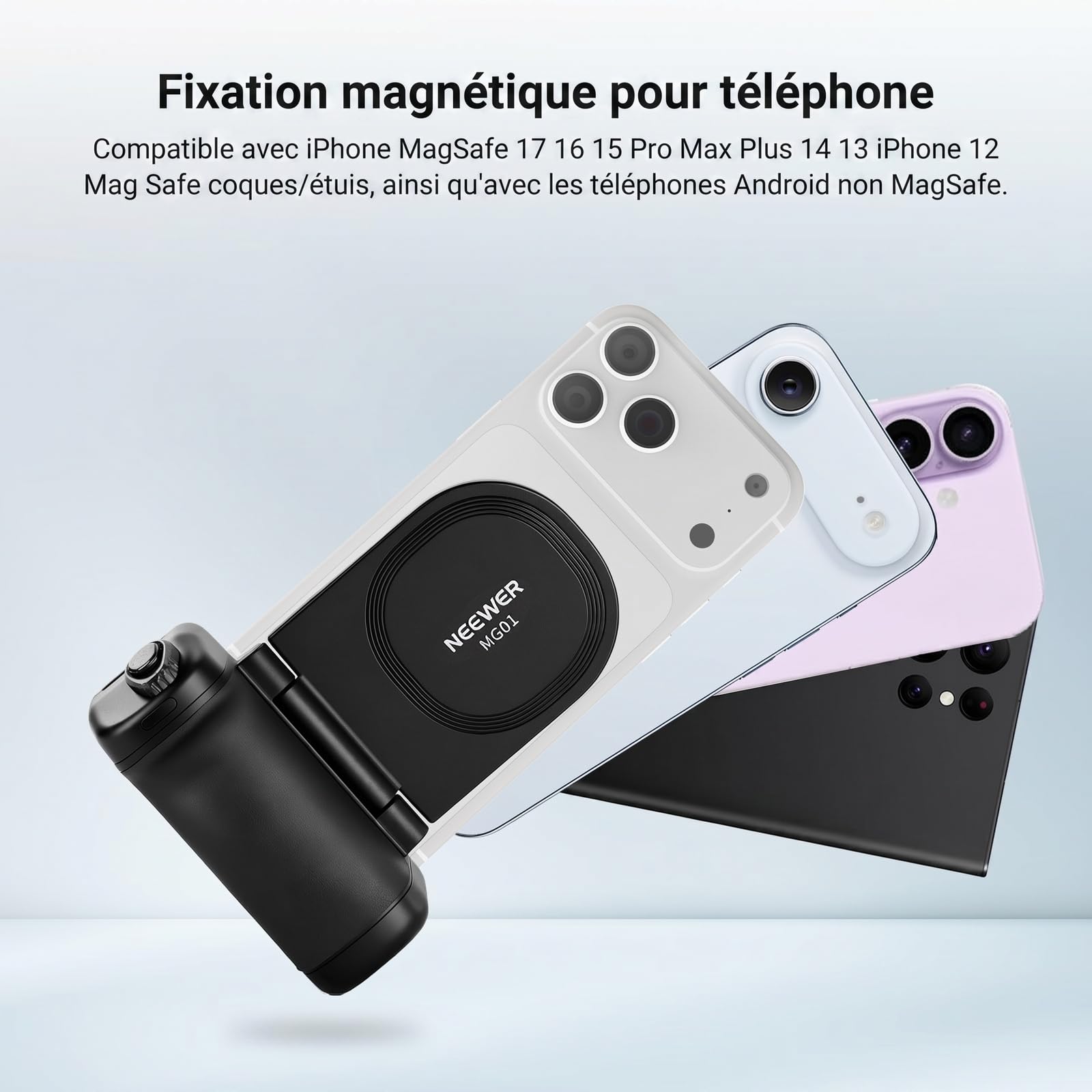 NEEWER Poignée magnétique pour téléphone Compatible avec MagSafe Phone et Samsung Recharge sans Fil, Support Ergonomique avec Batterie 3500 mAh et télécommande détachable, MG01