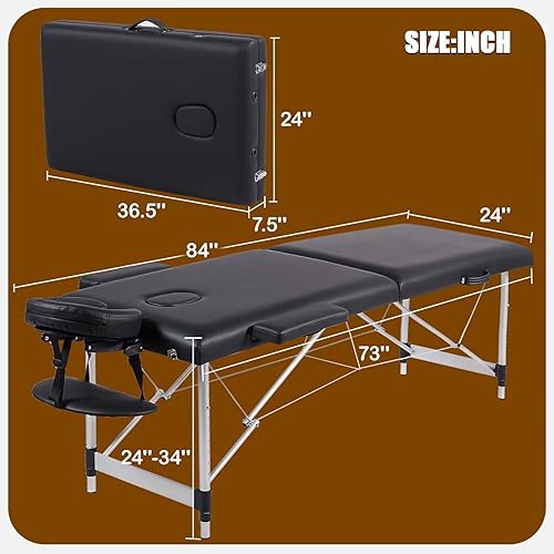 Miniatura 7 de VIRRMO Mesa de masaje portátil, cama de masaje de 84 pulgadas con estirador de cuello, cama de pestañas ajustable, cama de masaje, mesa de tatuaje
