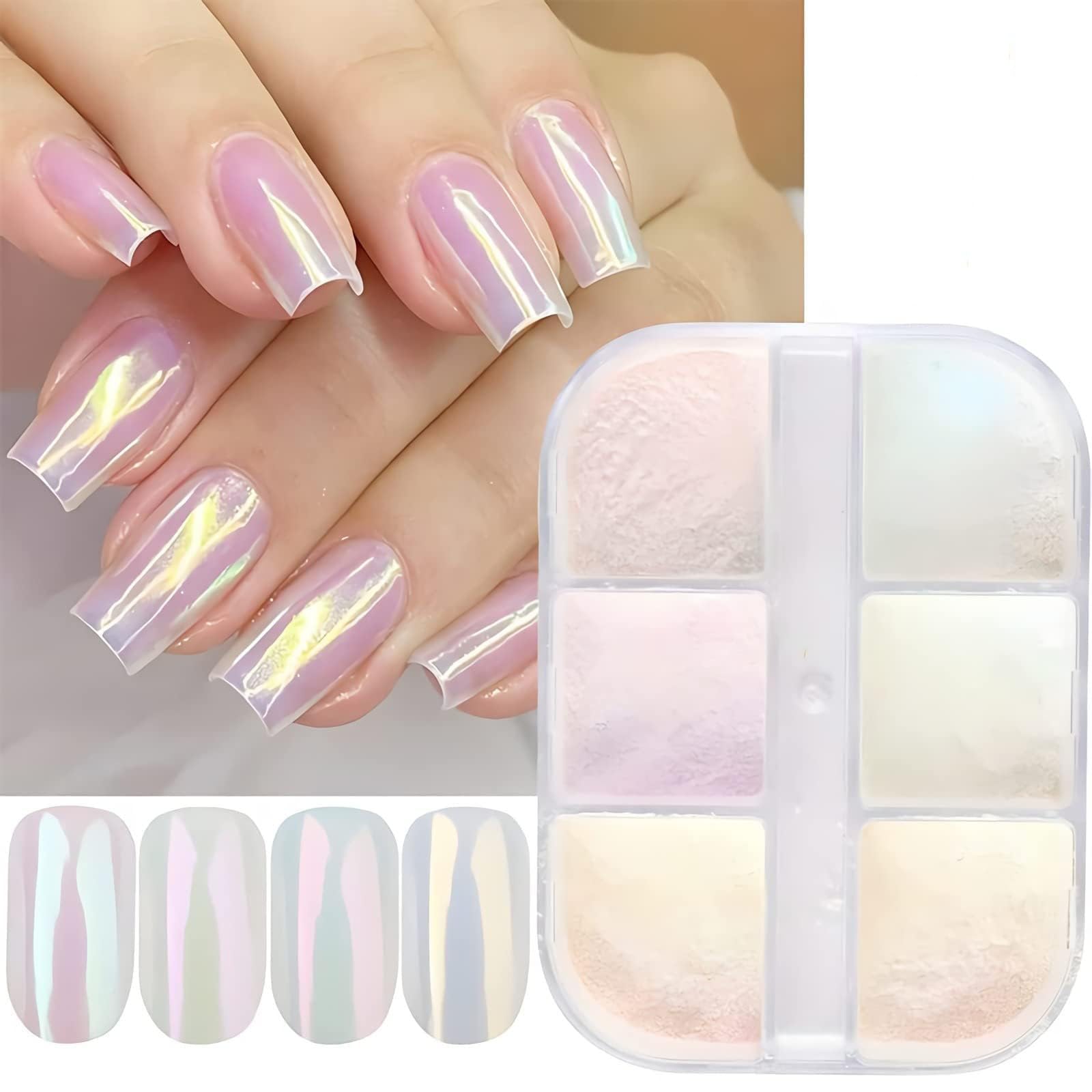 Generic 6 Colors Chrome Nail Powder Kit, Metallic Mirror Effect Aurora Magic White Pearl Chrome Powder for Nails, Symphony Mermaid Pearl Neon Ice Aurora Dust Nail Powder