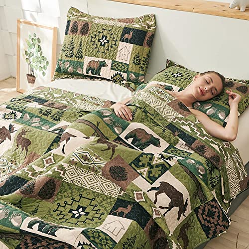 Jarson Lodge Bedspread Quilt Set King Size 3-Piece Cabin Bedding Set For All Seasons Rustic Moose Bear Coverlet With 2 Pillow Shams (Green Plaid) #TOP2