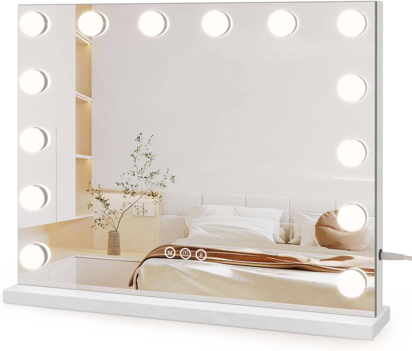 Dripex Hollywood Vanity Mirror with Lights, 50×42cm Large Lighted Makeup Mirror with 14 Dimmable LED Bulbs, USB Cable, Touchscreen Control, Cosmetic Tabletop Mirror for Bedroom, Dressing Room(White)