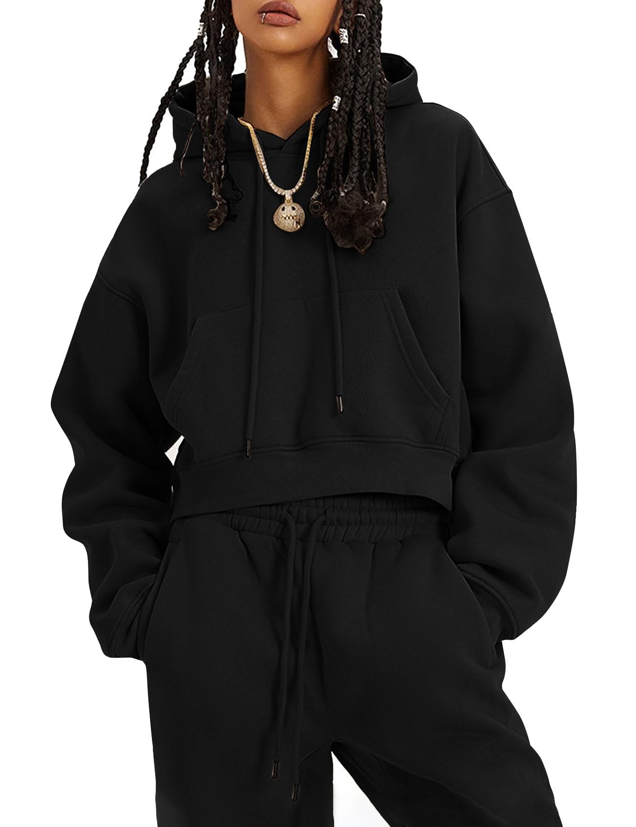 FlygoWomens Fleece 2 Piece Outfits Sweatsuit Crop Pullover Sweatshirt Joggers Pants Tracksuit Set