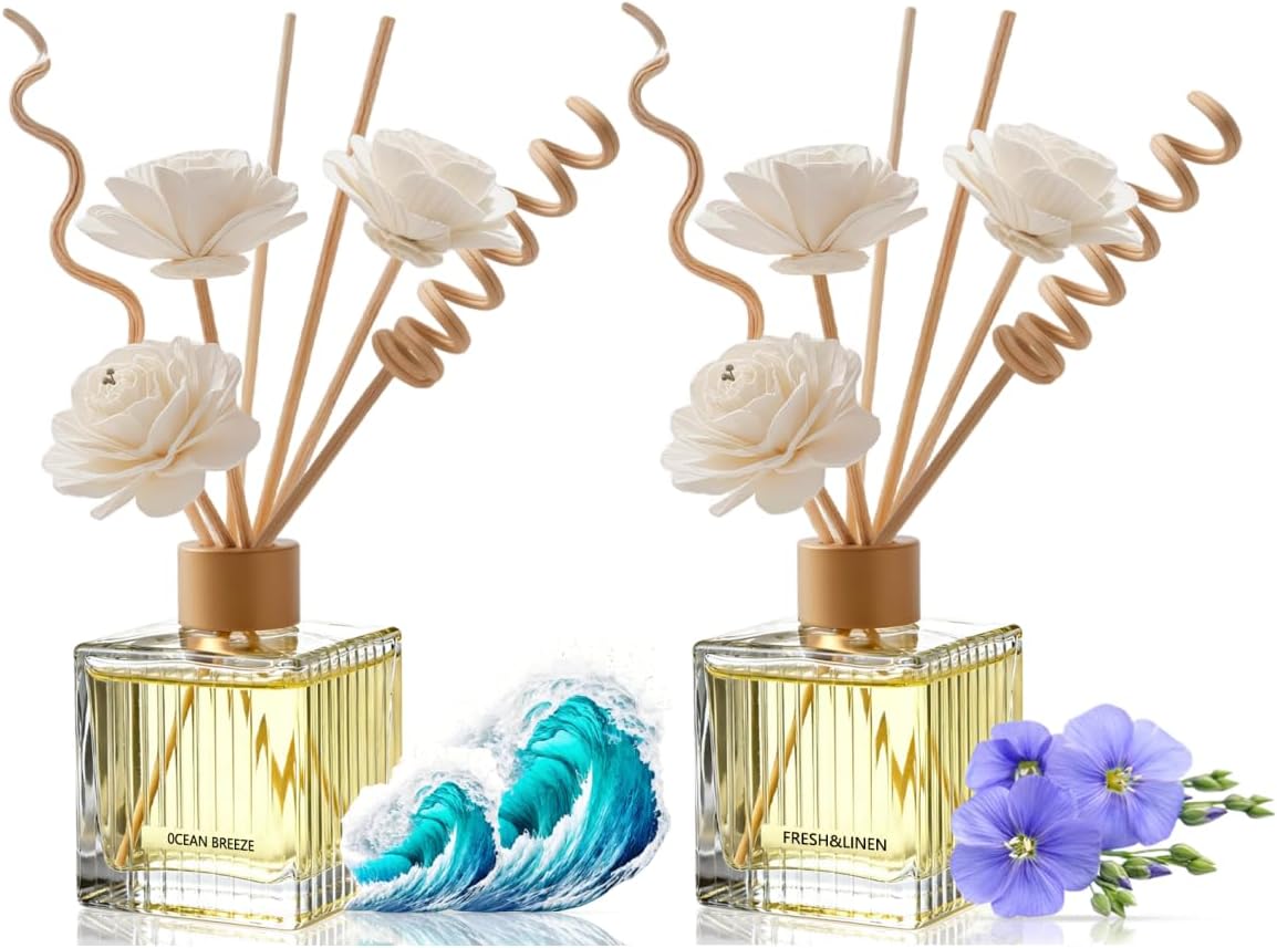 Ocean Breeze & Fresh Linen Premium Reed Diffuser Duo - 2×200ml Glass Bottles with Natural Rattan Sticks & Dried Flowers | Ultimate Fresh Home Fragrance Set for Living Room, Bedroom, Office | Luxury Cl