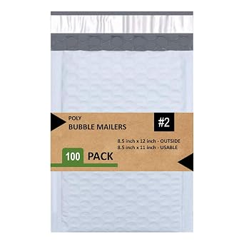 Sales4Less #2 Poly Bubble Mailers 8.5X12 Inches Padded Envelope Mailer Waterproof Pack of 100, White,Grey