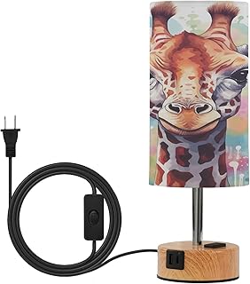 Touch Table Lamp with 3 Way Dimmable and USB Charging Ports–Wood-Look Metal Base Desk Lamp with Bulb for Bedroom, Office, Living Room-Watercolor Giraffe Face