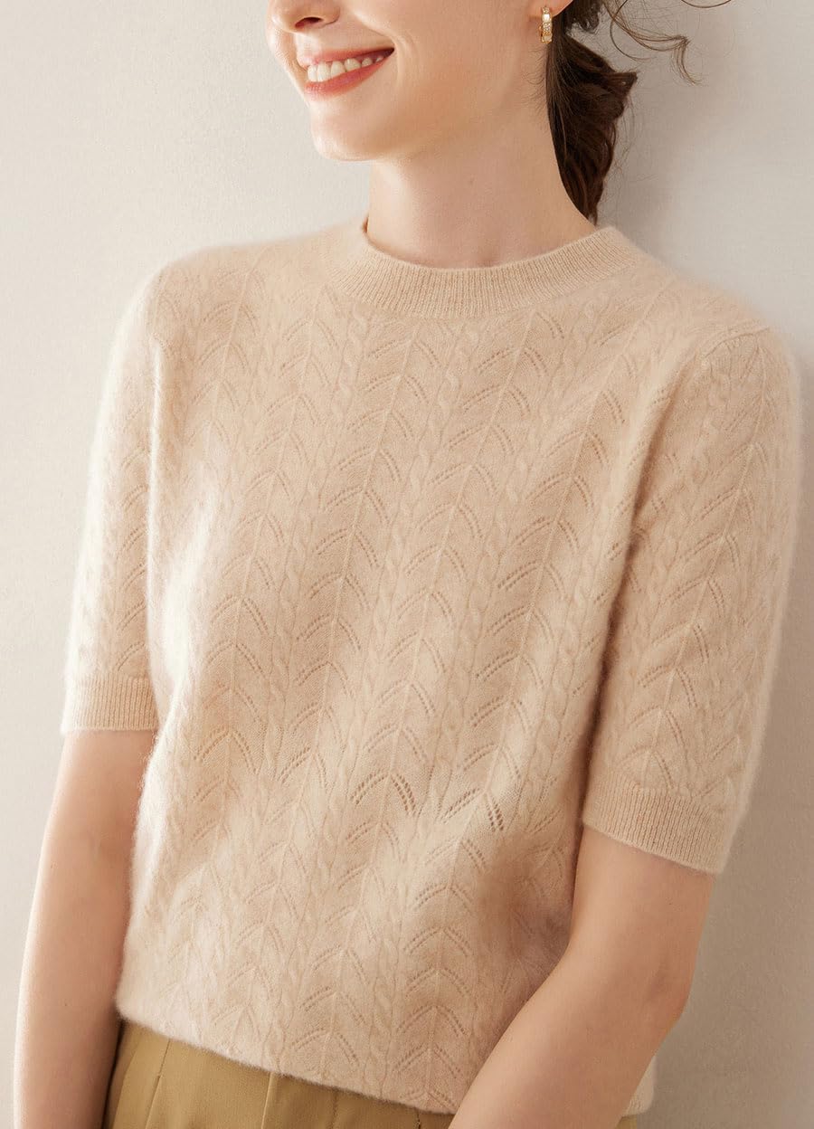 E-girl Maglione da donna 95% cashmere, girocollo, a maniche corte, in lana di cashmere, con crepe, rilassato, SH505