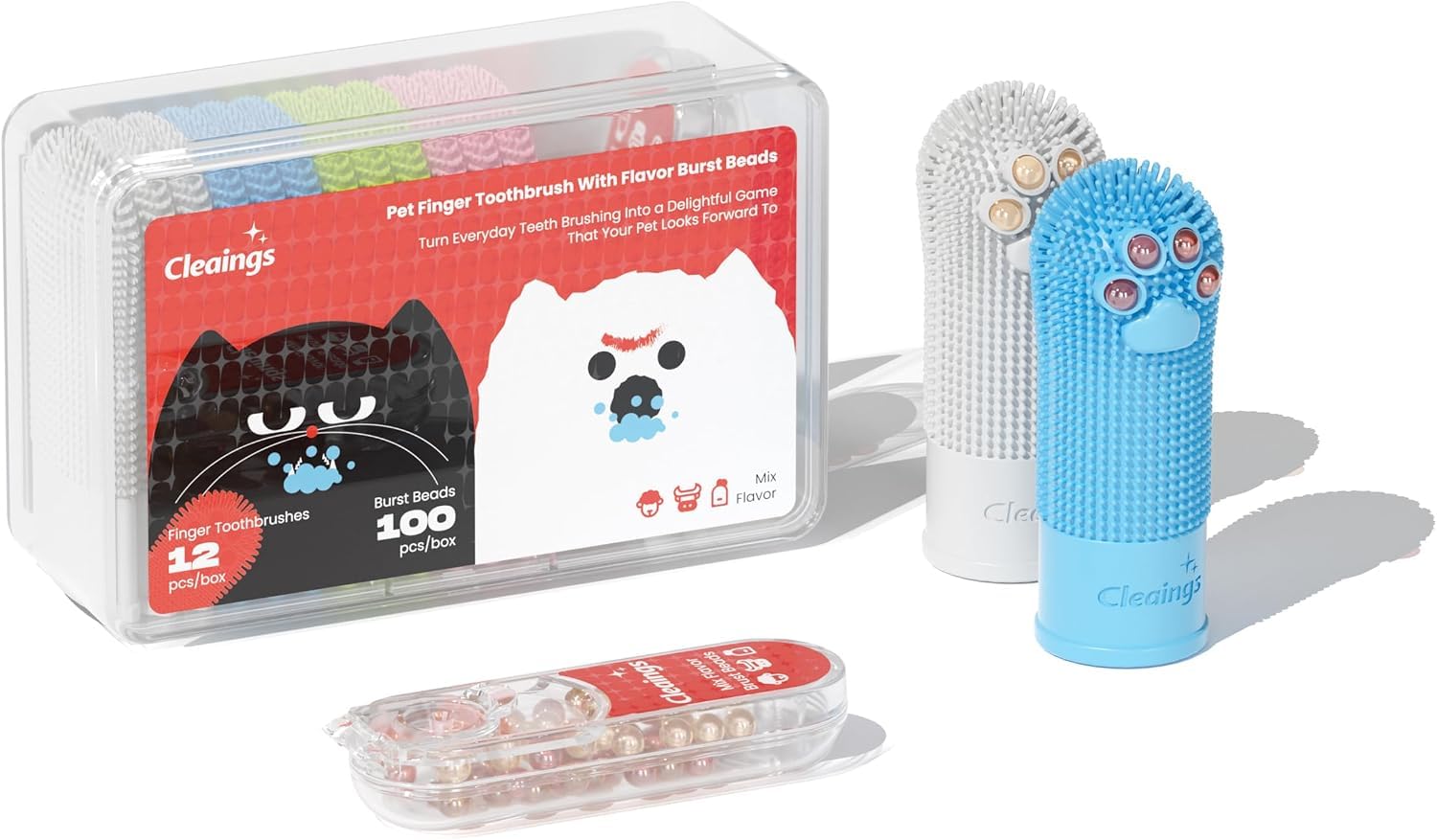 cleaings Dog Toothbrush and Toothpaste Set, 12 Pack Dog Finger Toothbrush with 100 Flavour Burst Beads, 360° Silicone Pet Toothbrush for Dogs & Cats, Teeth Cleaning & Fresh Breath, Mixed Flavours