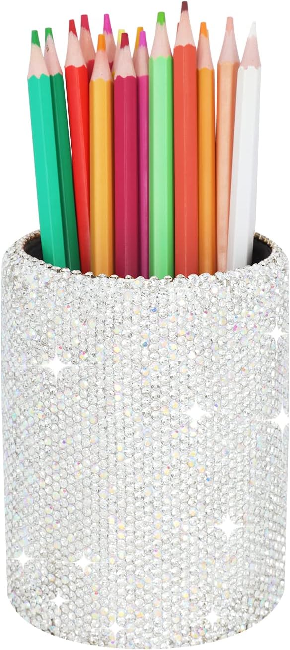 Crystal Pencil Pen Pot Holder Box Bling Rhinestone Pen Organizer Holder Cosmetic Pencil Container Comb Brushes Personalized (Round)