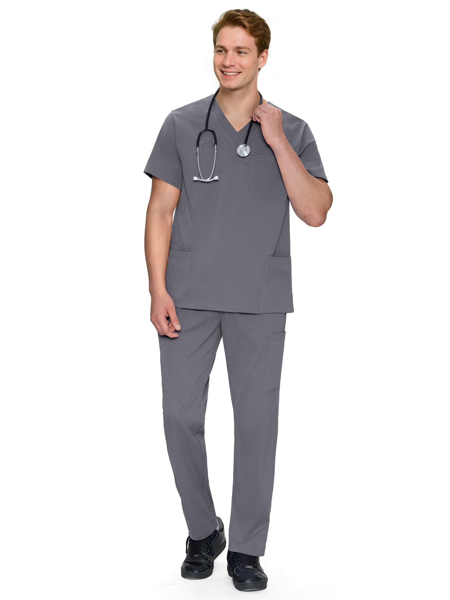 Scrubs for Men Set - V-Neck Scrub Top and Straight Leg Pants with 11 Pockets — view 21