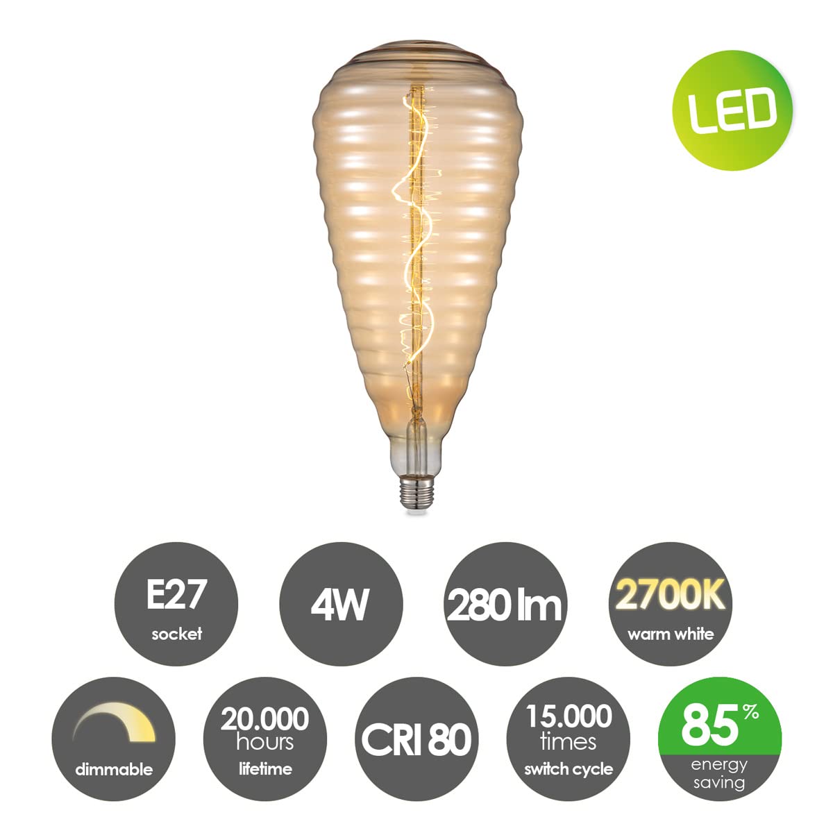 Home Sweet Home Edison Vintage E27 | LED-Filament-Leuchtmittel Hive | Spiral LED-Lampe | Ambra | Dimmbar | 4W 280lm 2700K | warmweißes Licht | für E27-Fassungen
