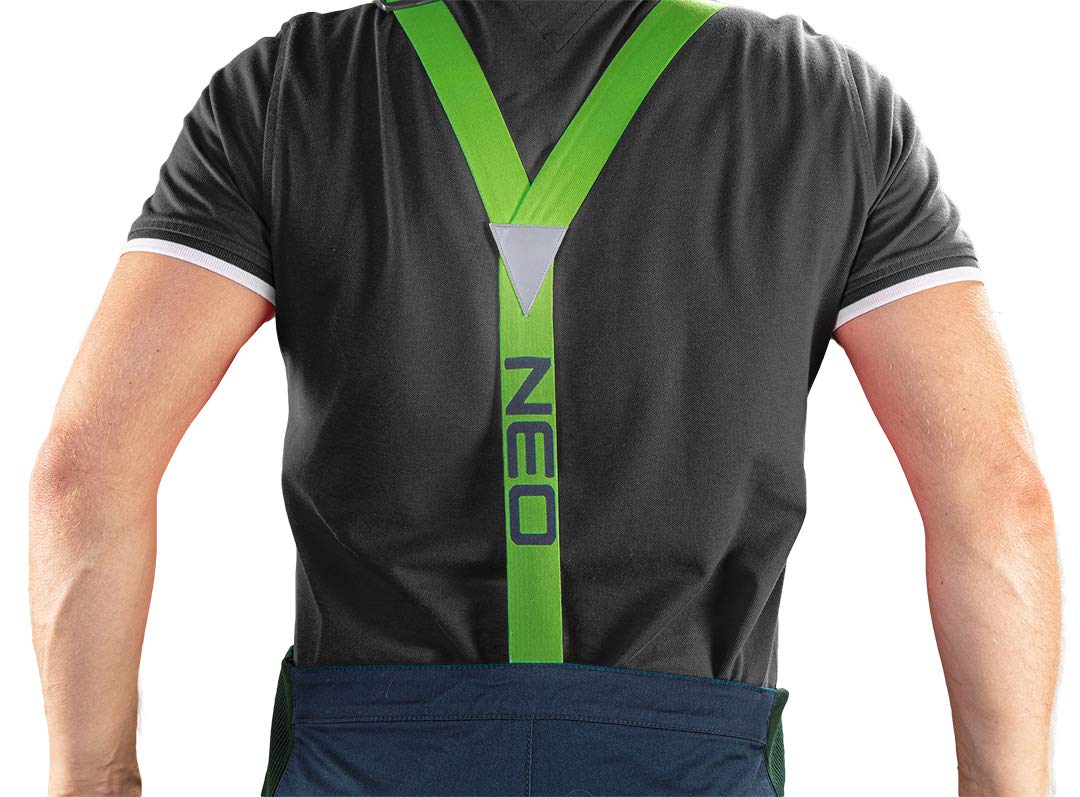 NEO TOOLS Męskie spodnie robocze klasy premium, 62% bawełna, 35% poliester, 3% elastan 250 g/m2, rozmiar XS-3XL, obszar kolan i piszczeli z cordura, elastyczny ściągacz gumowy i szelki w kształcie