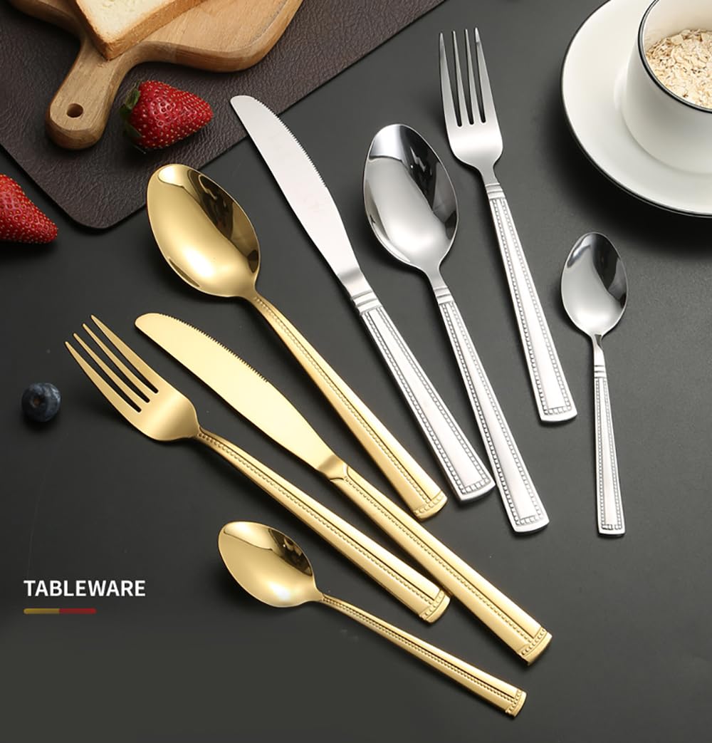 Besteckset, Besteckset aus Edelstahl, gepunktet, gestreift, geometrisch, inklusive Gabel, Löffel, Messer, Steakmesser-Set, hochglanzpoliert, Utensilien, 32-teilig