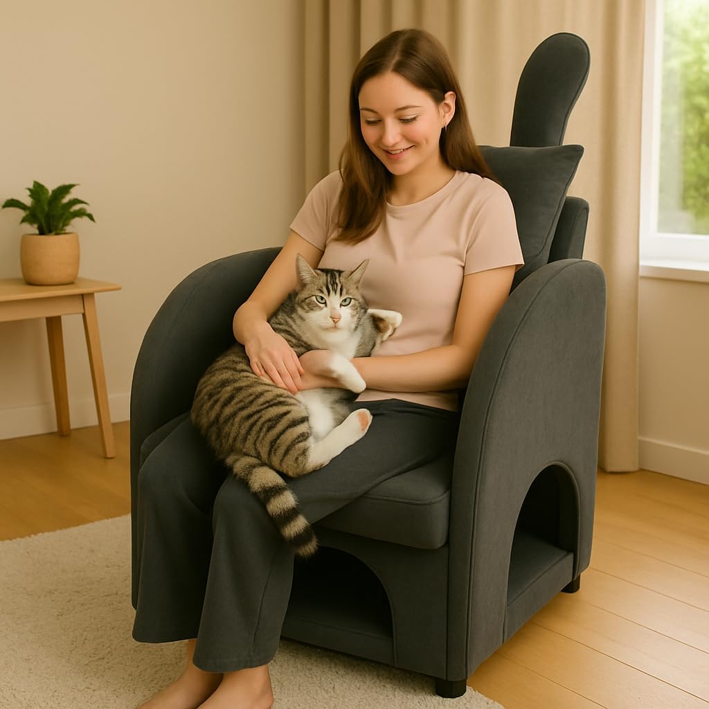 2-in-1 Armchair with Cat & Dog Pet Hideaway, Bunny-Ear Pet-Friendly Accent Chair with Scratch-Resistant Fabric, Dual-Use Sofa Chair with 3-Entry Hideaway Openings for Living Room Bedroom,Dark Gray