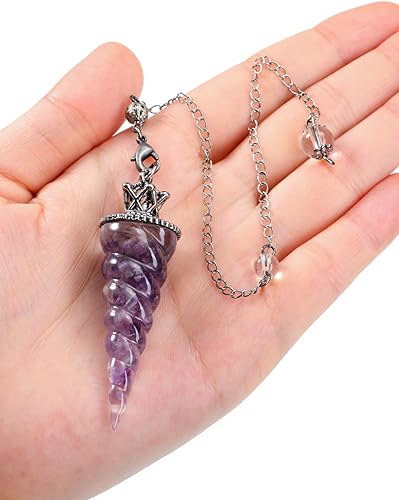 Miniatura 3 de Jovivi Péndulos de cristal de amatista natural para radiestesia de adivinación, corona de cono de espiral, péndulo puntiagudo con cadena, piedras de