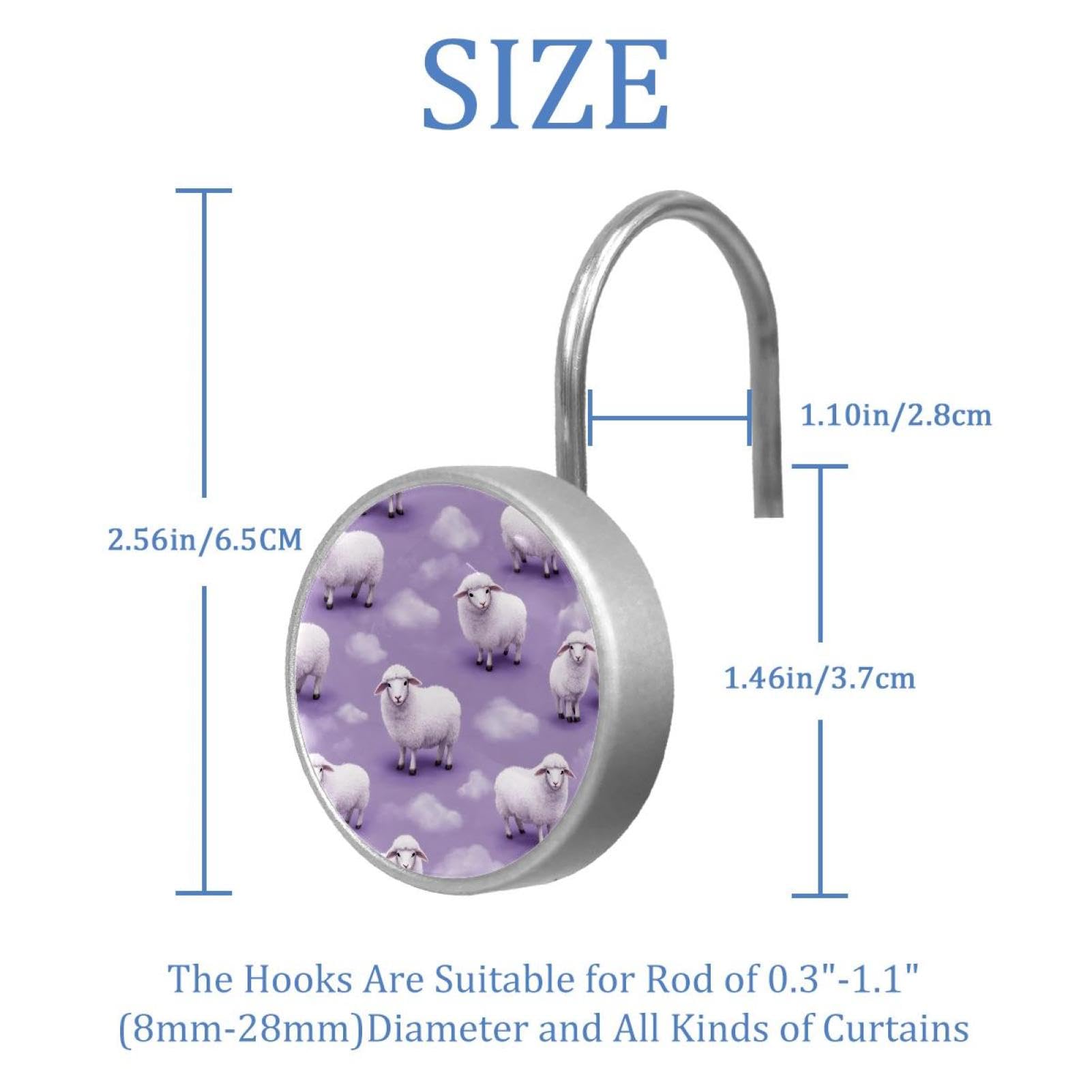 12pcs Glass Shower Curtain Hooks, Rust Resistant Decorative Shower Rings for Bathroom Living Room,Stainless Steel Hooks for Shower Curtain and Liner Rods (Playful Purple Sheep)