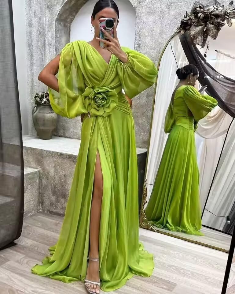 Chiffon 3D Floral Formal Party Dresses Long Sleeves Bridesmaid Dress 2025 V Neck Pleated Evening Gowns with Split3