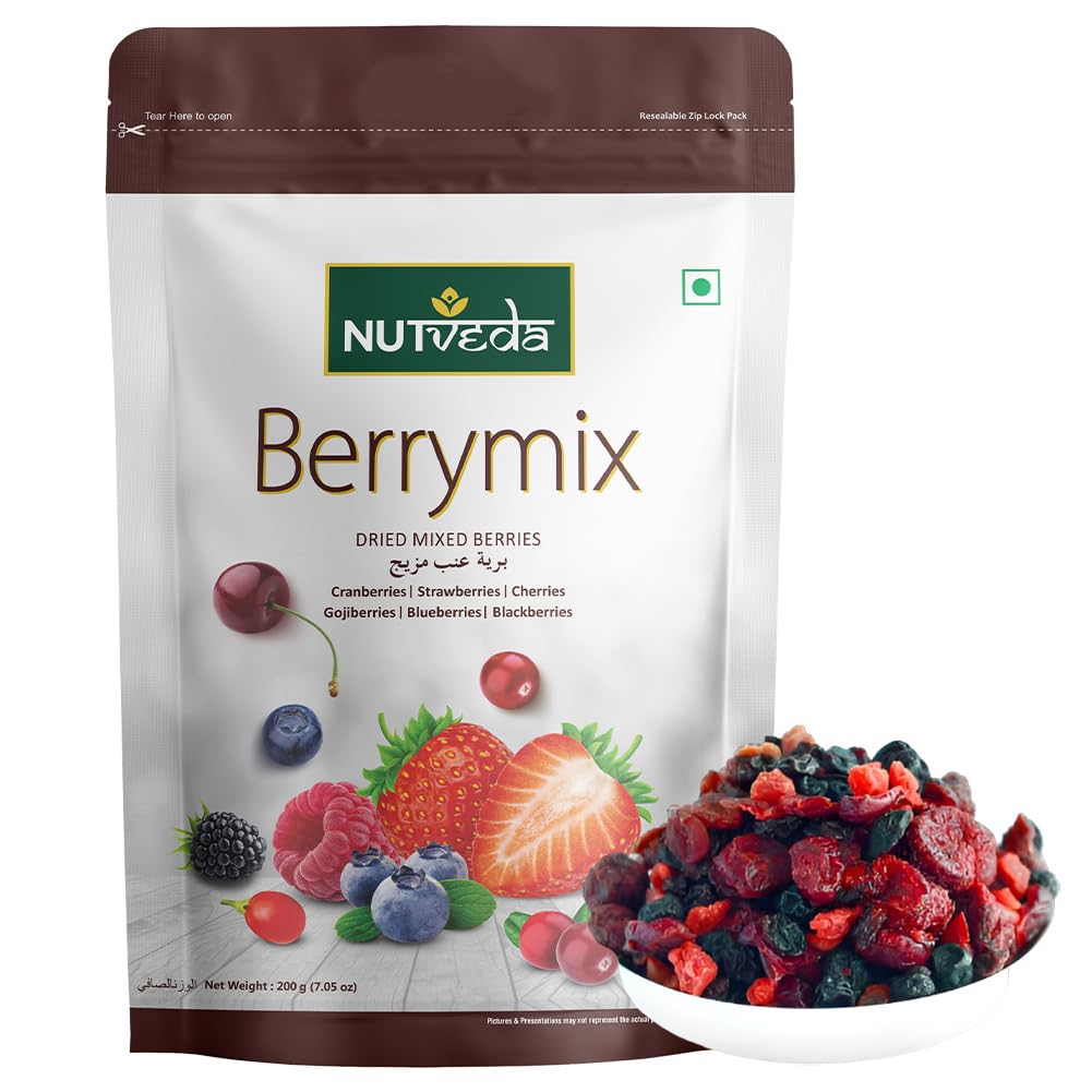 NUTVEDA BERRYMIX 200g (Dried Mixed Berries) - Cranberries | Strawberries | Cherries | Gojiberries | Blueberries | Blackberries-picture-15