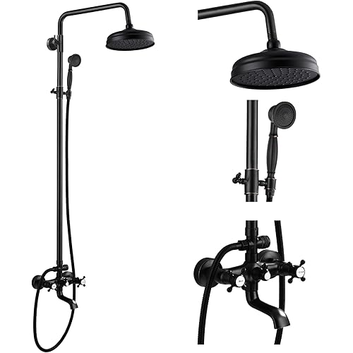 gotonovo Bathroom Shower Faucet Rain Mixer 8 Inch Round Shower Head Double Cross Handle with Tub Spout Wall Mount Bathroom Shower Fixtures 3 Function Metal Handheld Sprayer Oil Rubbed Bronze