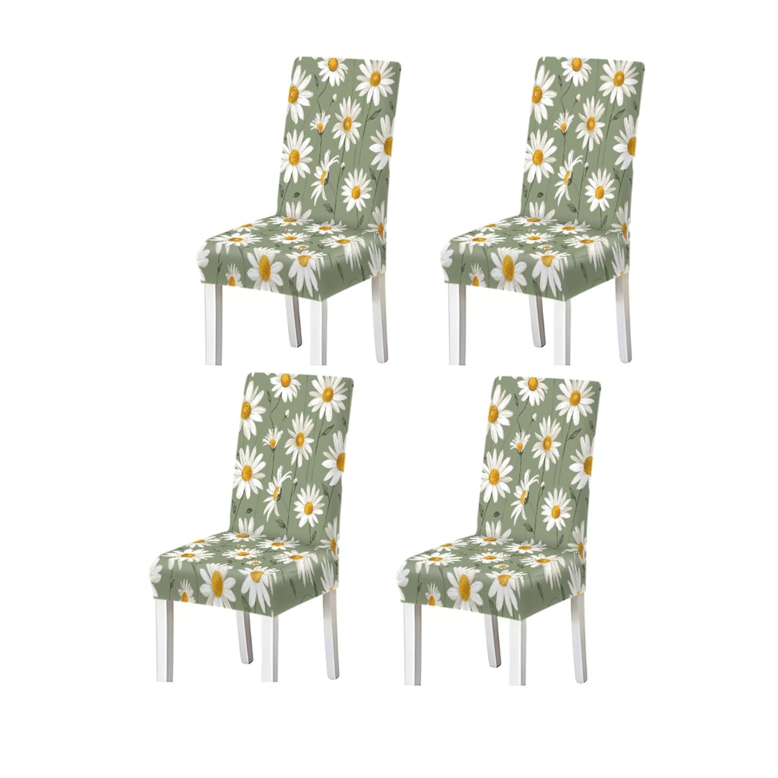 BOSUYBN Sage Green White Daisy Floral Print Dining Chair Covers Set Of 2/4/6, Stretch Slipcovers For Kitchen Dining Room Furniture Protectors for Home Dining Room(4PCSChair cover)