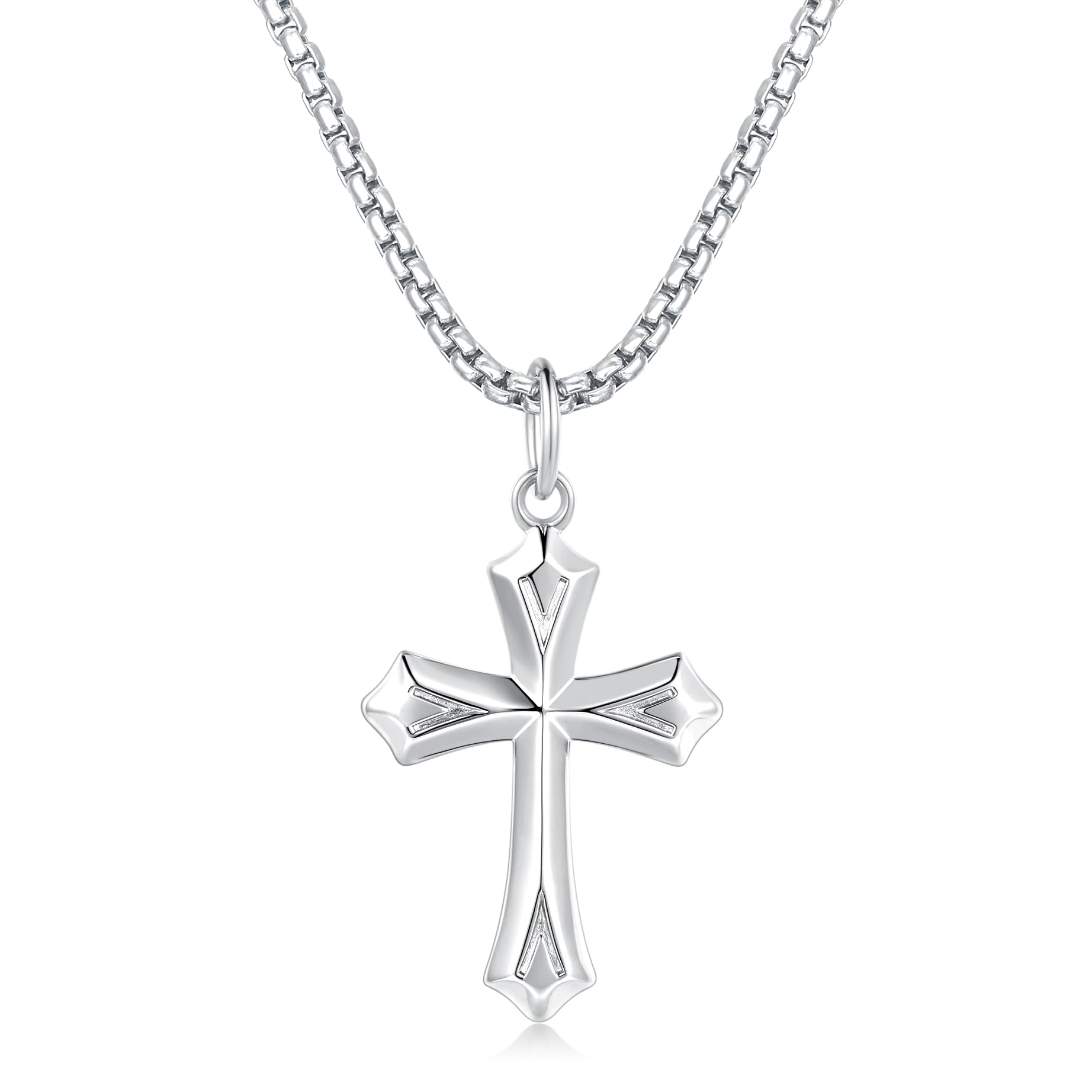 FANCIME Collar con Colgante de Cruz para Hombre Niños de Plata de Ley 925 Chapada Oro Blanco con Cadena de Acero Inoxidable - Longitud Cadena: 61 cm