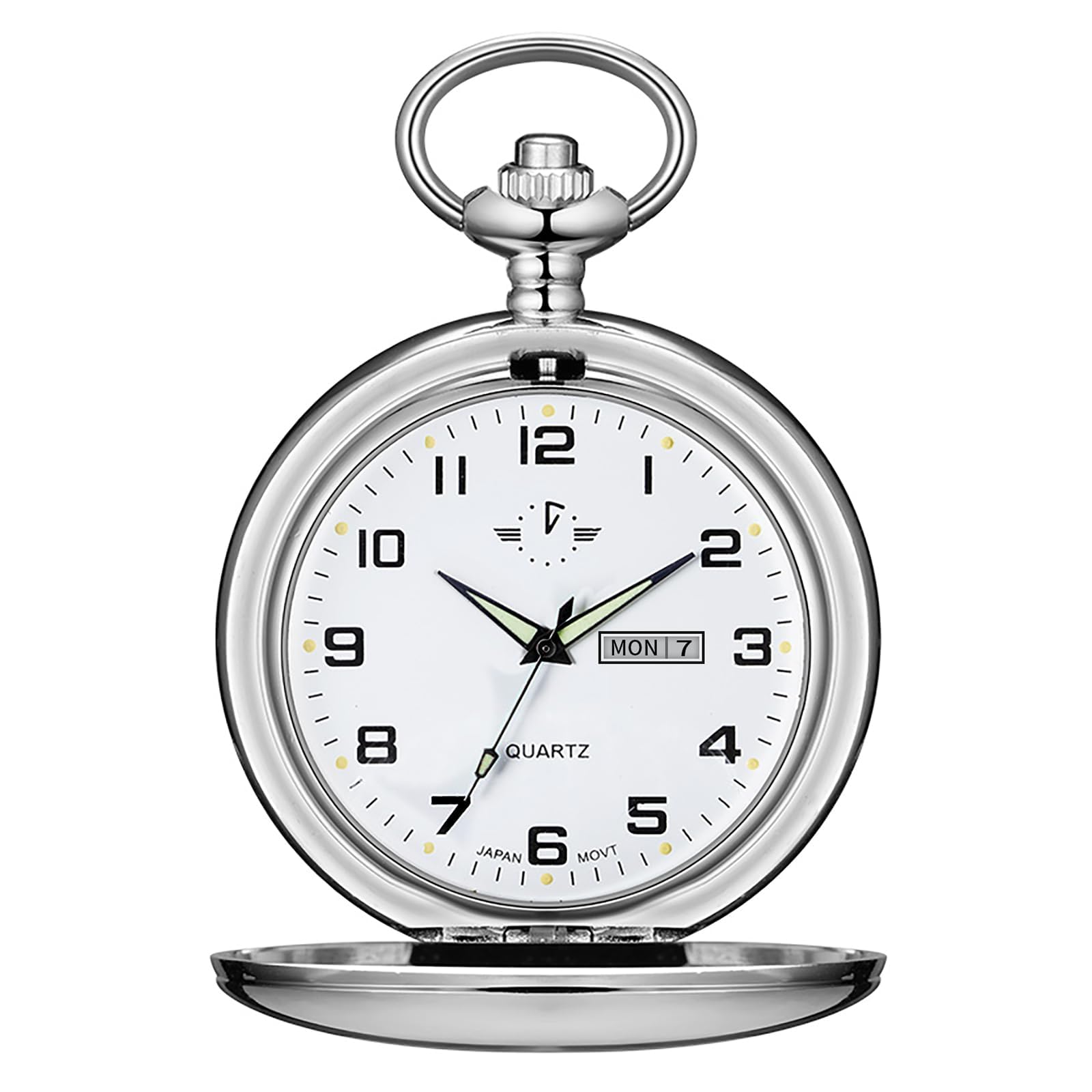 BOSHIYA Smooth Quartz Pocket Watches for Men Classic Arabic Digital Luminous Dial & Day Date Pocket Watch with Chain Christmas Graduation Birthday Gifts