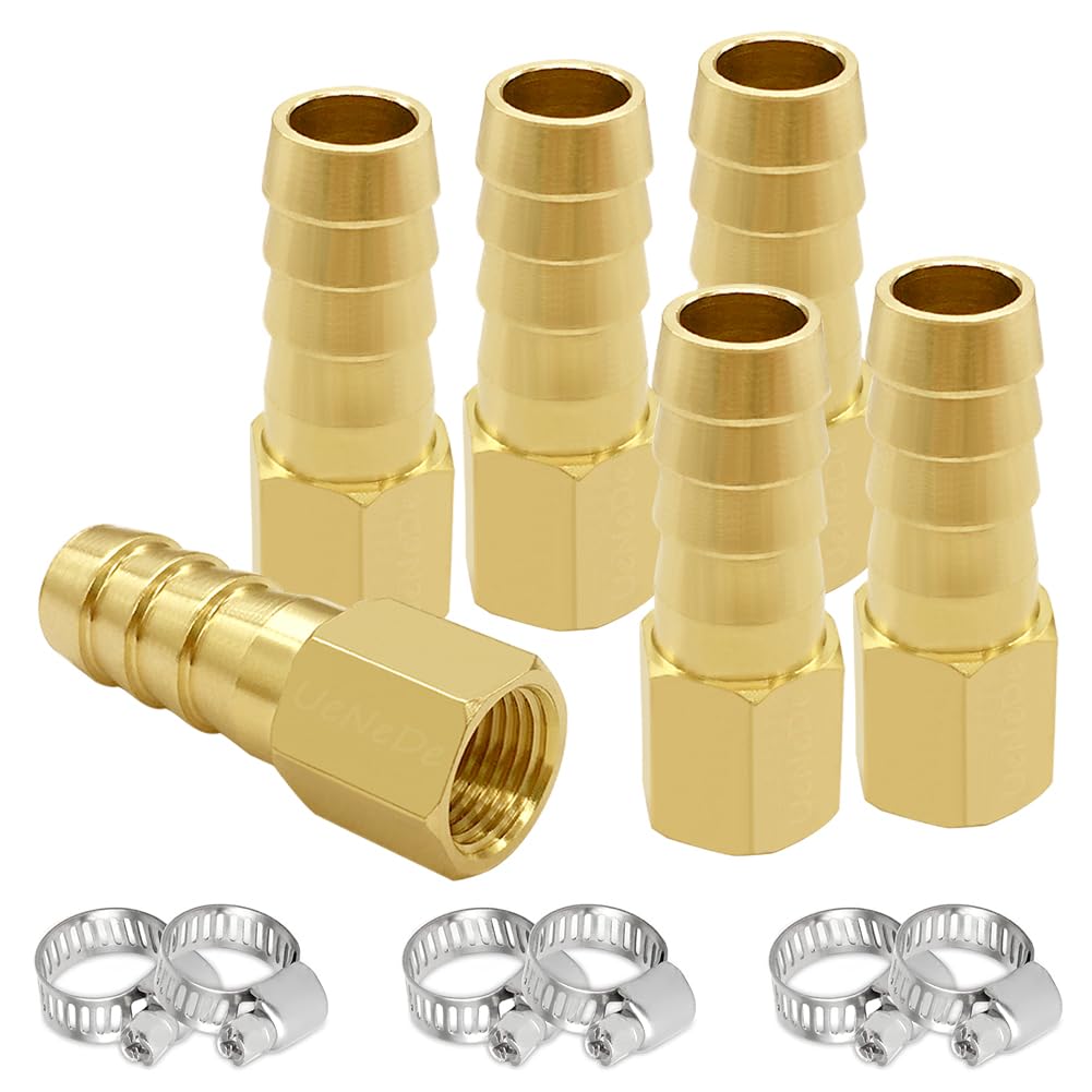 Uenede 6PCS Brass Hose Barb Fittings 1/8" NPT Female to 3/8" Barb Adapter Connector Include 6 Stainless Steel Clamps for Water/Oil/Gas