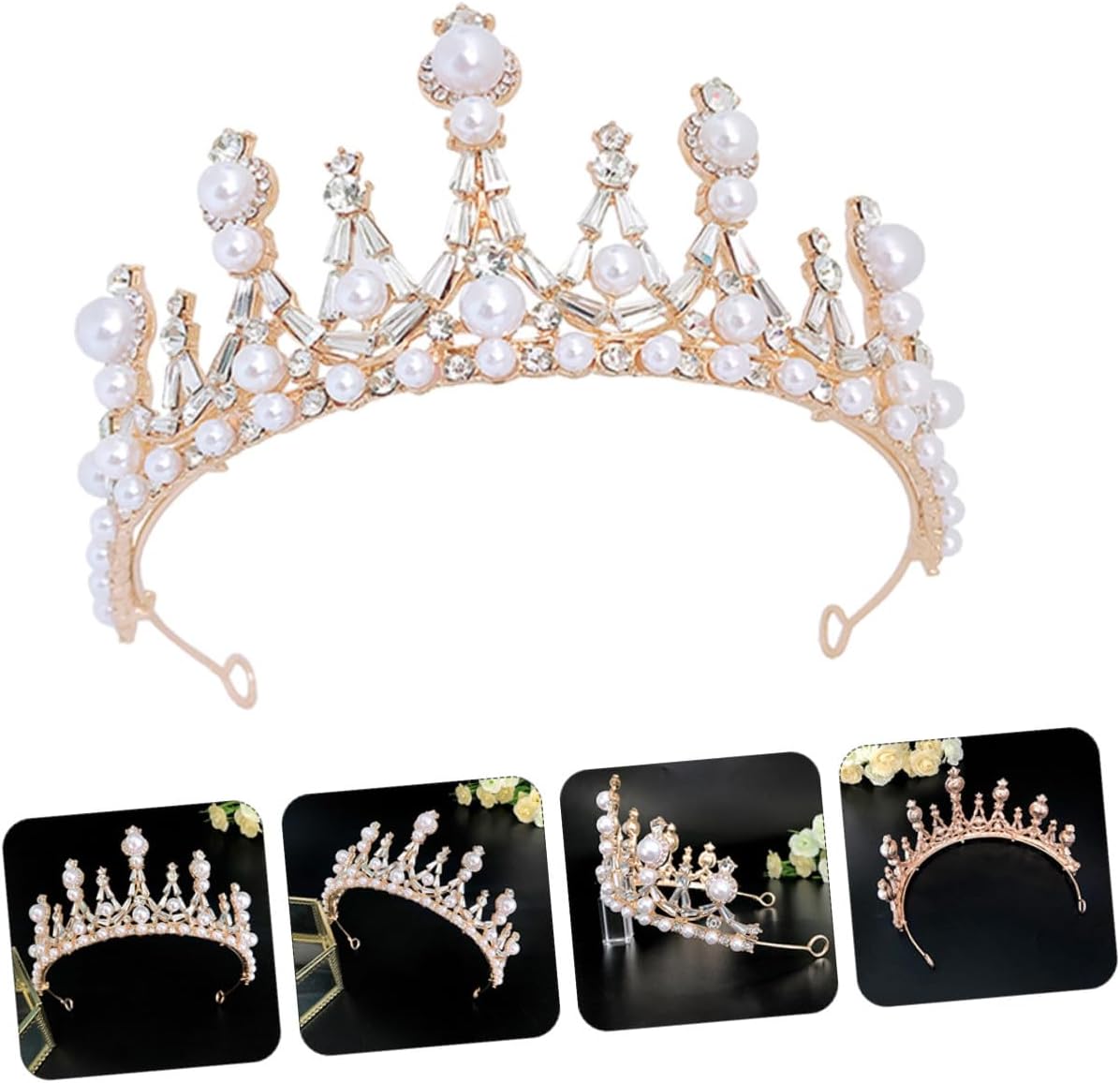Baluue Baroque Wedding Bridal Headdress Pearl Crown Gold Rhinestone Bride Hair Accessory for Wedding Ceremony and Bridal Party