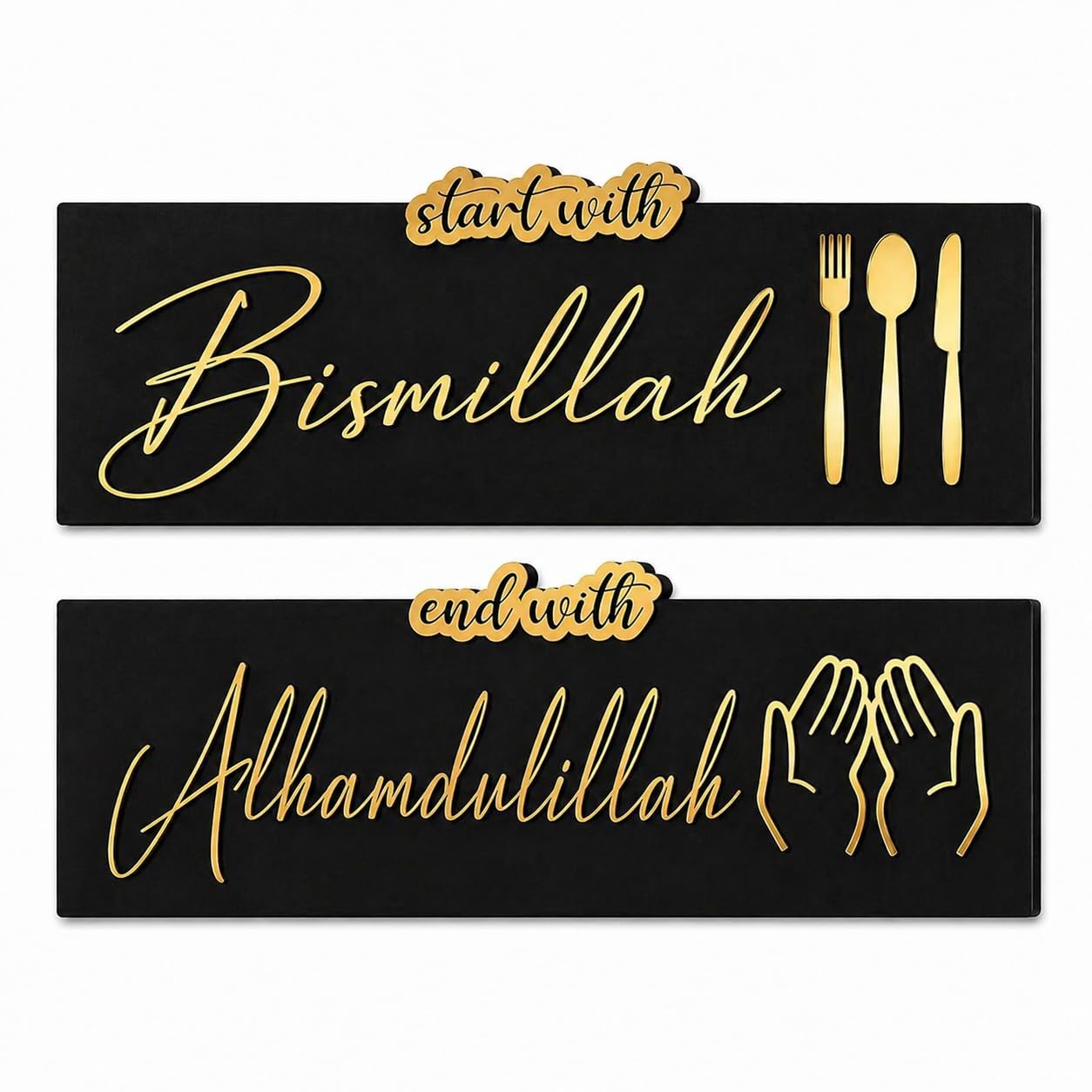 Vadda Decorative Start with Bismillah End with Alhamdulillah Wooden Wall Decor Plaque with Golden Work for Kitchen/Dining Room/Cafes, Beautiful Islamic Home Decor Wall Hanging Art, Wall Sculptures-image-5