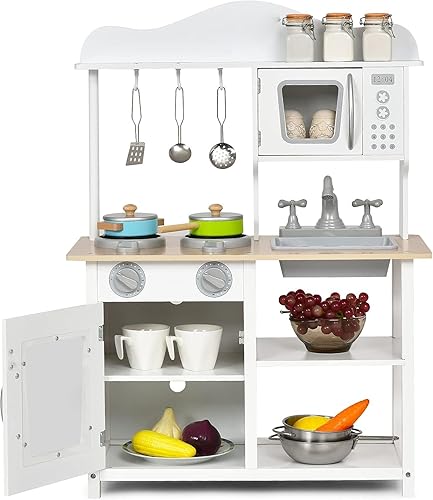 Costzon Juego de cocina para niños, cocina de madera con fregadero, horno, microondas, estufa, ollas, utensilios, juego de cocina con estante,