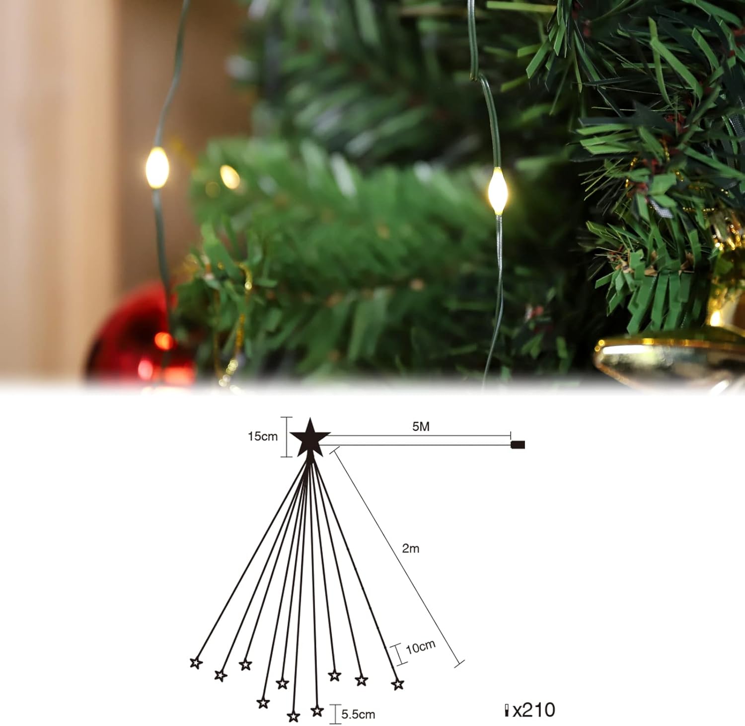 Diagram showing the dimensions of the SALCAR Christmas Tree String Lights, including the 5m power cable, 2m light strands, 10cm LED spacing, and 5.5cm flat stars.