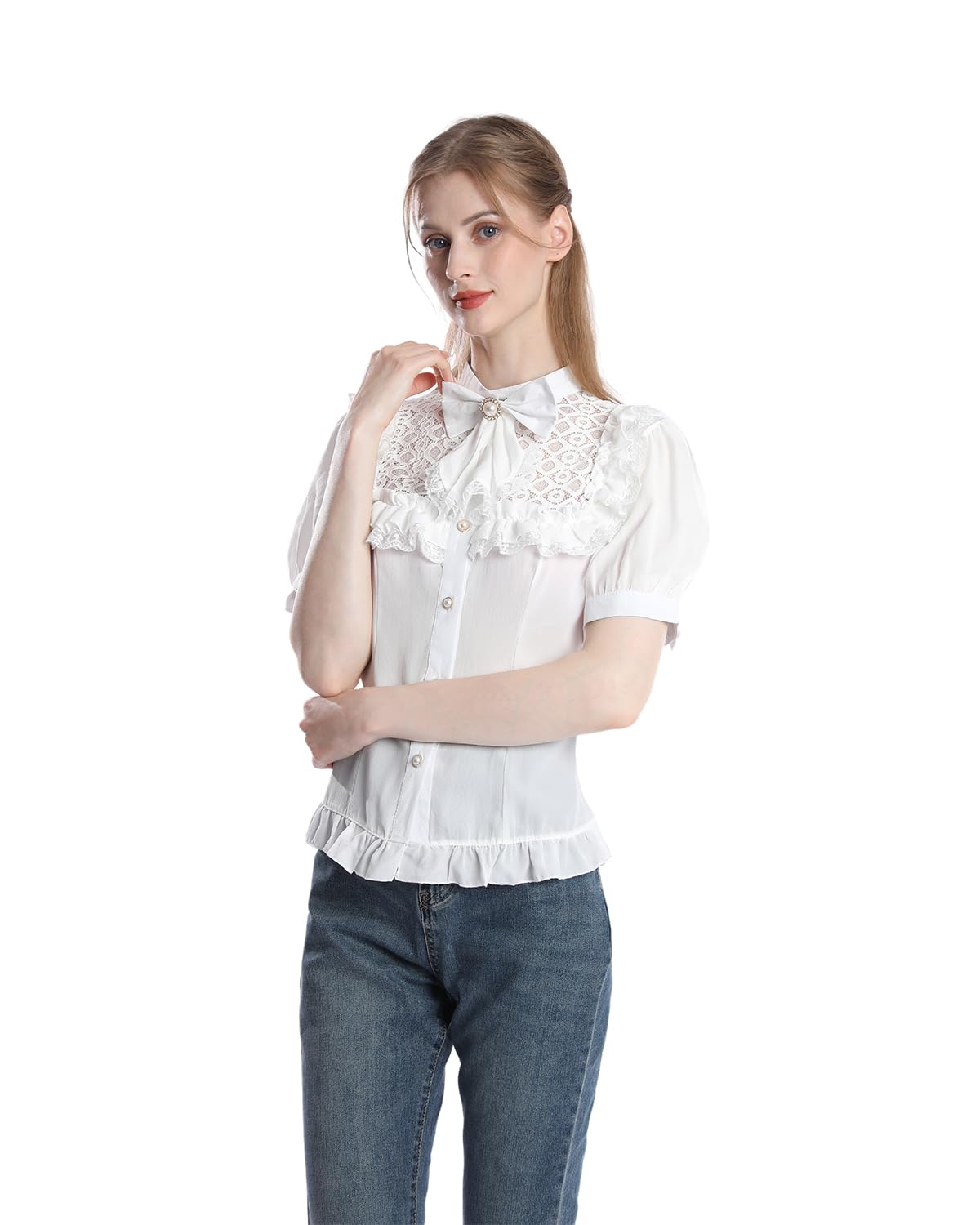Fiamll Camicetta da donna vittoriana vintage con fiocco, colletto alto con volant a maniche lunghe, Bianco #4.
