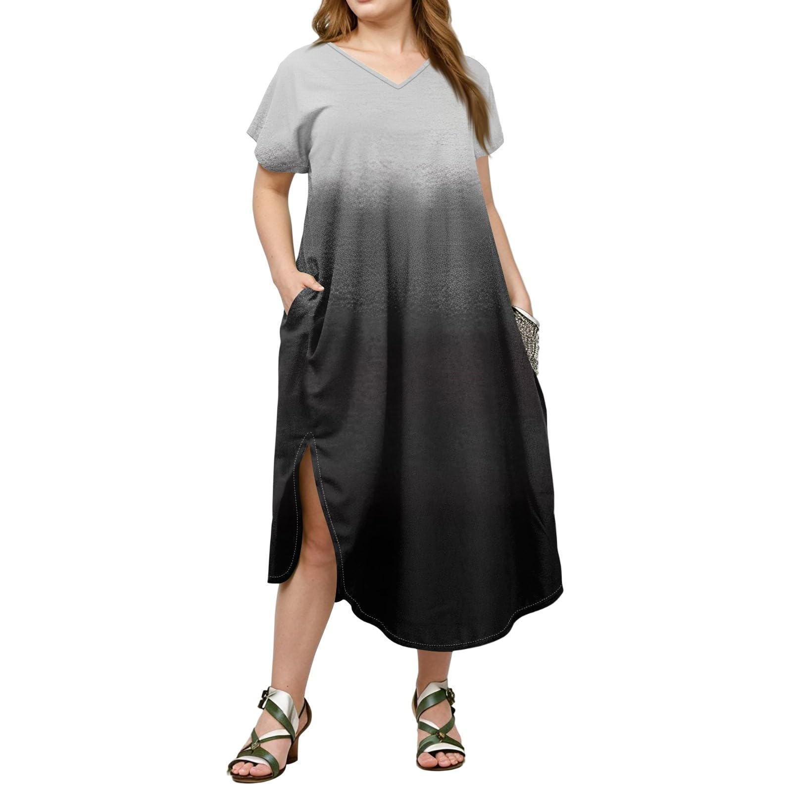 Maxi Dresses for Women V Neck Short Sleeve Plus Size Dress Side Split Striped Pocket Shirt Dresses A Line Trendy Elegant Summer Sundress Casual Loose Flowy Boho Beach Sundresses