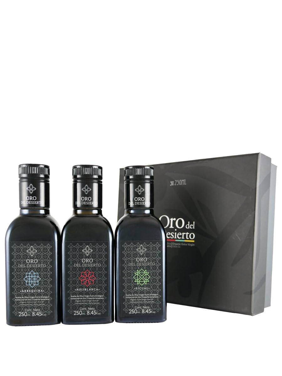 Oro del Desierto Monocultivar Set of Organic Spanish Extra Virgin Olive Oil - 2020 Harvest Arbequina Hojiblanca Picual - 3 x 0.25 Liter / 8.45 Ounce