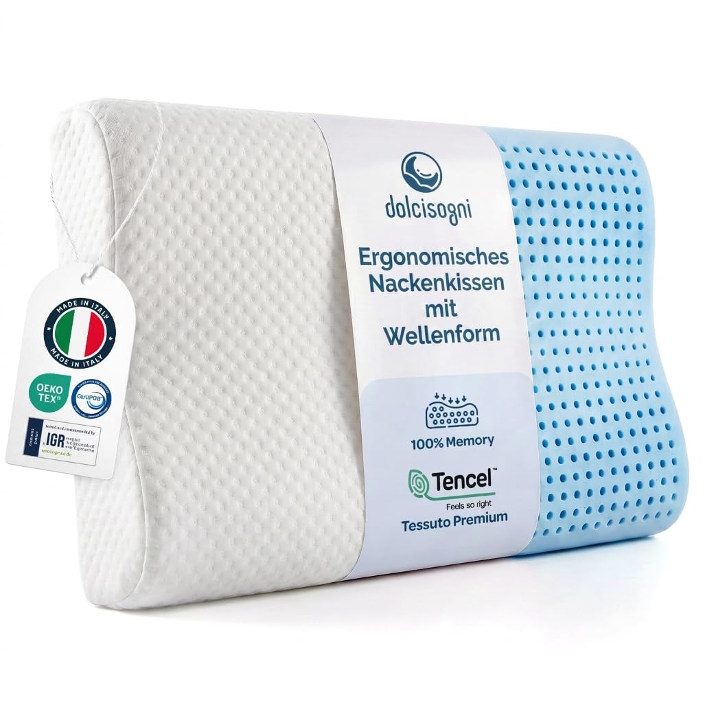 DOLCI SOGNI Nackenkissen mit Wellenform aus Memory Foam Ergonomisches Kopfkissen Doppelhöhe 9/12 cm Kopf- und Nackenunterstützung 100% Made in Italy Tencel-Bezug