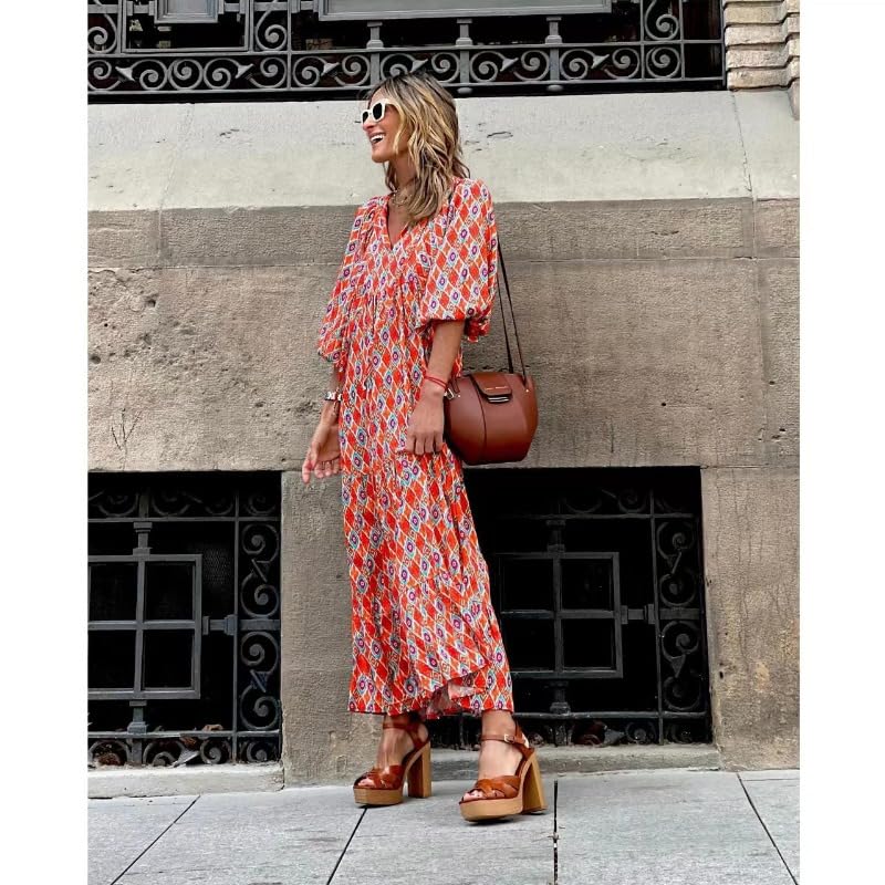 Womens 2024 Casual Boho Maxi Dresses V Neck 3/4 Puff Sleeve Geometric Pattern Smocked Ruffle Beach Long Sundress3