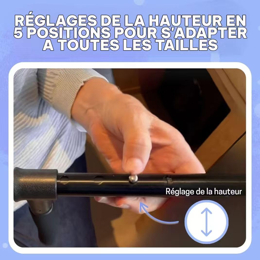 TwinGrip - Canne de Marche Pliante Ergonomique avec Poignée Supplémentaire et Base Antidérapante à Quatre Pieds, Hauteur Réglable, Pliable et Légère pour Personnes Âgées